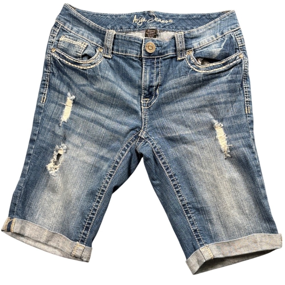 Ariya Distressed Bermuda‎ Shorts Women's 11/12 Y2K Thick Stitch Cuffed Denim
